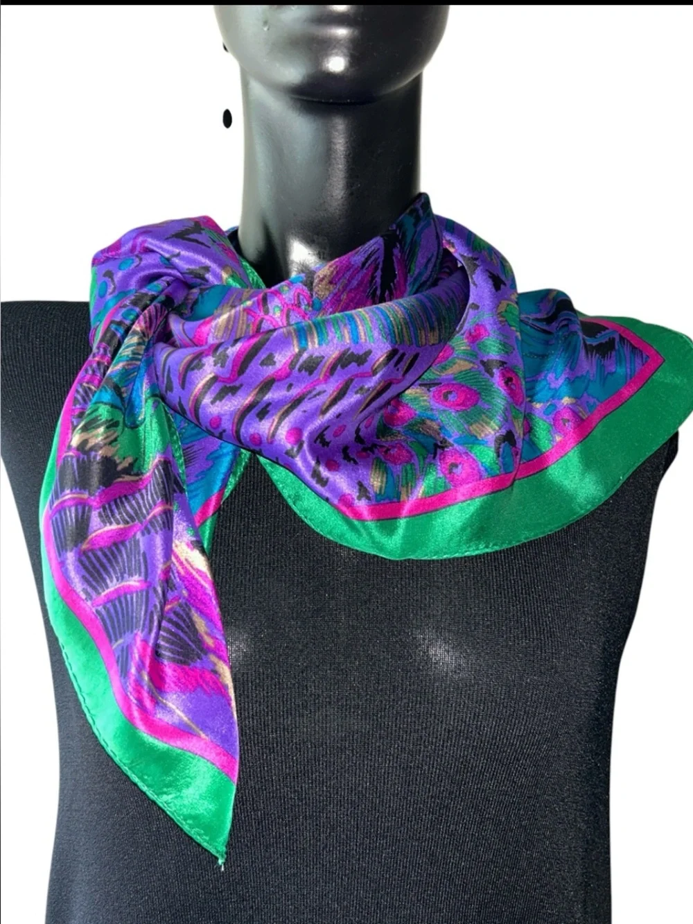 HONEY 100% Silk Scarf Jewel Tones Peacock Feathers  Made in Japan Vintage